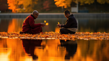 old and young monk communicate against the backdrop of nature, religious education, mentoring - obrazy, fototapety, plakaty