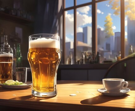 Cold glass of beer on a wooden table in a bar, animated style