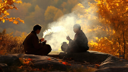 old and young monk communicate against the backdrop of nature, religious education, mentoring