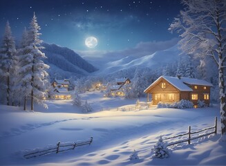 Winter landscape village with falling Christmas snow, cozy cabins, snow mountains, and pine trees under the moonlit light