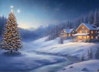 Winter landscape village with falling Christmas snow, cozy cabins, snow mountains, and pine trees under the moonlit light