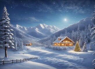 Winter landscape village with falling Christmas snow, cozy cabins, snow mountains, and pine trees under the moonlit light