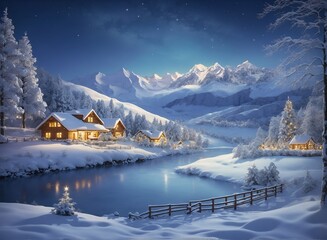 Winter landscape village with falling Christmas snow, cozy cabins, snow mountains, and pine trees under the moonlit light