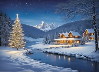 Winter landscape village with falling Christmas snow, cozy cabins, snow mountains, and pine trees under the moonlit light