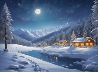 Winter landscape village with falling Christmas snow, cozy cabins, snow mountains, and pine trees under the moonlit light