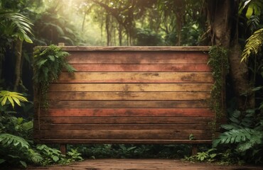 Empty wooden signboard in the jungle forest, wooden planks with copy space - obrazy, fototapety, plakaty