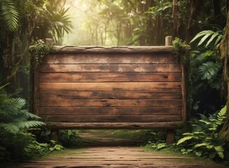 Empty wooden signboard in the jungle forest, wooden planks with copy space - obrazy, fototapety, plakaty