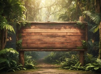 Empty wooden signboard in the jungle forest, wooden planks with copy space