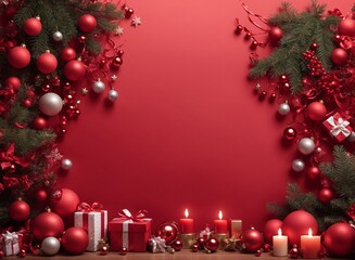 Christmas and Happy New Year banner with festive decorations on red background flat lay