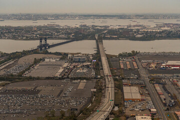 Aerial view of the Newark Bay Bridge and the Railroad Bridge