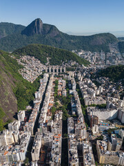 Beautiful aerial view to Copacabana city buildings and green mountains