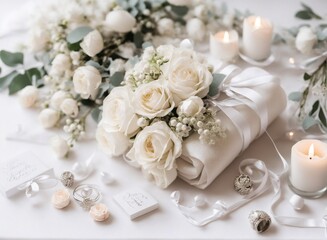 Obraz na płótnie Canvas Wedding decoration setup frame with white roses, green leaves, and candles on white background