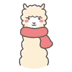 マフラーを巻いたふわふわのアルパカのイラスト（正面向きの顔）