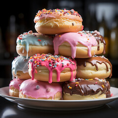 A plate of colorful donuts with different flavored creams and sprinkles