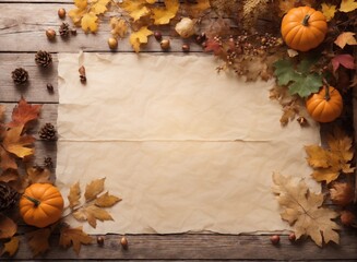 Blank parchment paper with autumn florals and plants like pinecones, flowers, maple leaves,.. on wooden table, top view