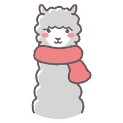 マフラーを巻いたふわふわのアルパカのイラスト（正面向きの顔）