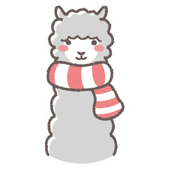 マフラーを巻いたふわふわのアルパカのイラスト（正面向きの顔）
