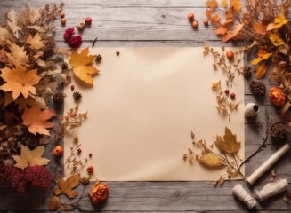 Naklejka na ściany i meble Blank parchment paper with autumn florals and plants like pinecones, flowers, maple leaves,.. on wooden table, top view