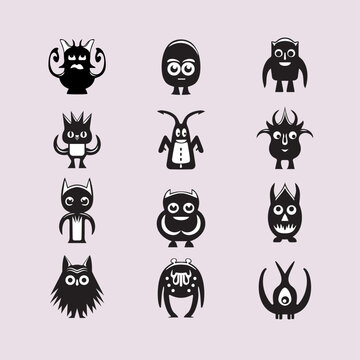 black and white monster figure icons set 3 of 3