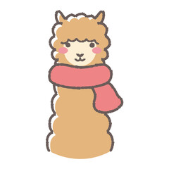 マフラーを巻いたふわふわのアルパカのイラスト（正面向きの顔）
