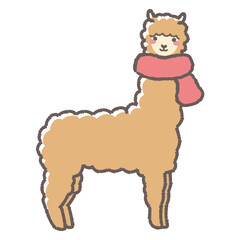 マフラーを巻いたふわふわのアルパカのイラスト（全身）