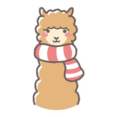 マフラーを巻いたふわふわのアルパカのイラスト（正面向きの顔）