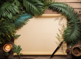 Top view of blank parchment paper, feather pen and candle on the wooden table decorated with jungle plant elements