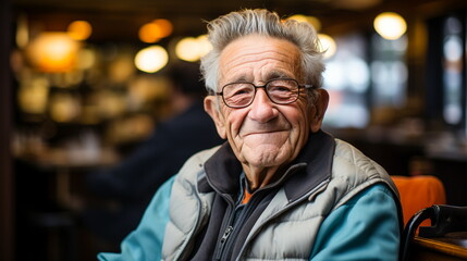 Portrait of smiling senior man in hat and glasses sitting in cafe