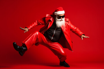 Aged playful emotion Santa in sunglasses with comic grimace fooling around on red background