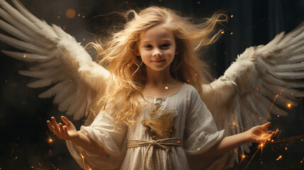 Little angel girl with golden wings and sparkles on black background.