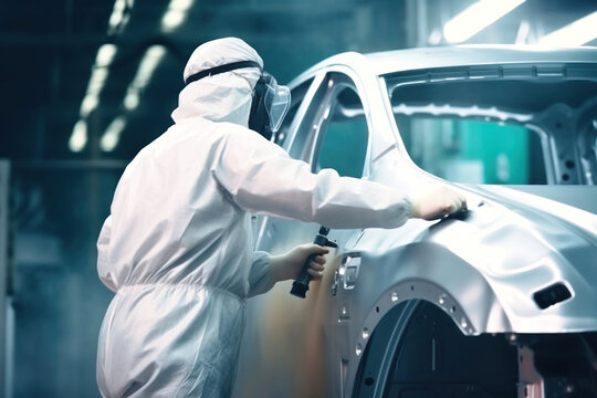 Side view of male in respiratory mask and protective suit painting car with spray gun in service.