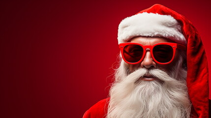 christmas, holidays and people concept - close up of santa claus in red sunglasses over red background