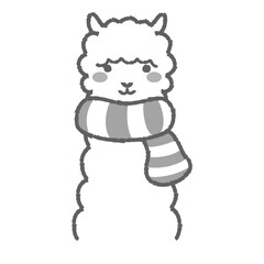 マフラーを巻いたふわふわのアルパカのイラスト（正面向きの顔）白黒