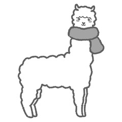 マフラーを巻いたふわふわのアルパカのイラスト（全身）白黒
