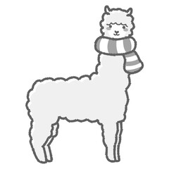 マフラーを巻いたふわふわのアルパカのイラスト（全身）白黒