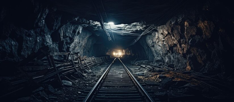 Fototapeta Dark underground tunnel in a railroad mine With copyspace for text