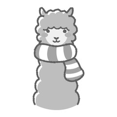 マフラーを巻いたふわふわのアルパカのイラスト（正面向きの顔）白黒