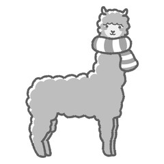 マフラーを巻いたふわふわのアルパカのイラスト（全身）白黒