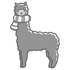 マフラーを巻いたふわふわのアルパカのイラスト（全身）白黒