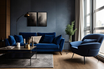 dark blue sofa and recliner chair in sanding