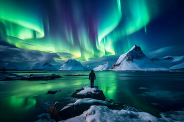 Naklejka premium The mountaineer looks admiringly at the northern lights or Aurora phenomenon. Generative Ai.