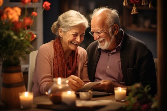 Caucasian Senior Couple Family Smile When They Reading Journey Diary From Travel Trip Around The World With Warm Light Candles And Beautiful Flower On A Wooden Table In Living Room At Cozy Home