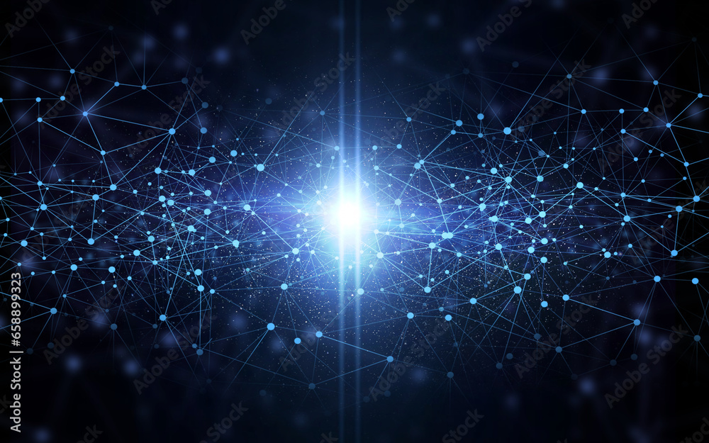 Wall mural light, black background and space network with galaxy and pattern graphic with vortex wallpaper. sta