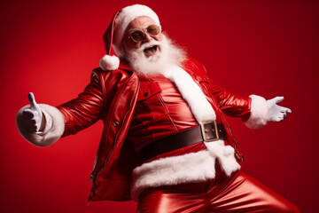 Aged playful emotion Santa in sunglasses with comic grimace fooling around on red background