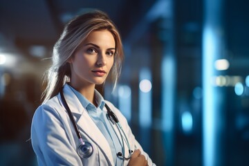 Female doctor look at camera on blurred hospital background generative ai
