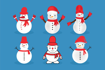 Snow man characters vector set design. Christmas snowman character collection with hat, scarf and twig elements decoration.
