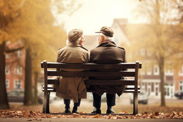 An elderly couple, a man and a woman, are sitting and hugging on a bench in the park. They enjoy communication. Date in the park. Older lovers. Relationships in old age. Love and romance.