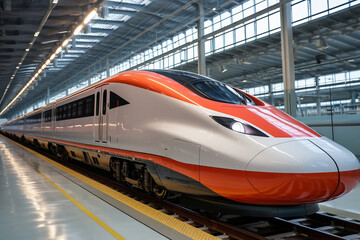 Fototapeta premium A white and orange express train traveling through a train station. Boarding platform at the railway station. Blur effect from a fast moving train.