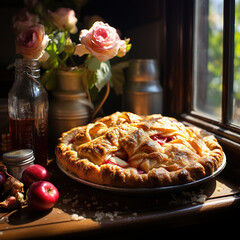 Lattice Crust apple pie, Creamy, Juicy, with a golden crust and glossy filling. Golden brown on the...