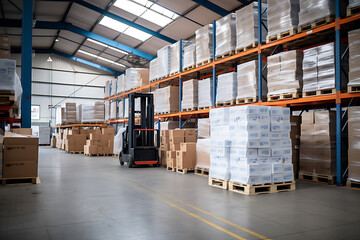 Logistics company, warehouse, cardboard boxes and shelves with parcels. Customs warehouse specialist. Warehouse delivery service. distribution warehouse